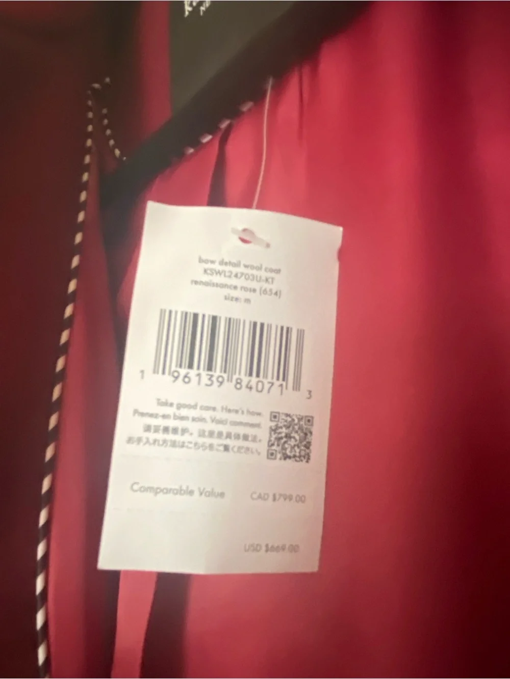 Kate Spade Magenta Bow-Front Wool Pea Coat